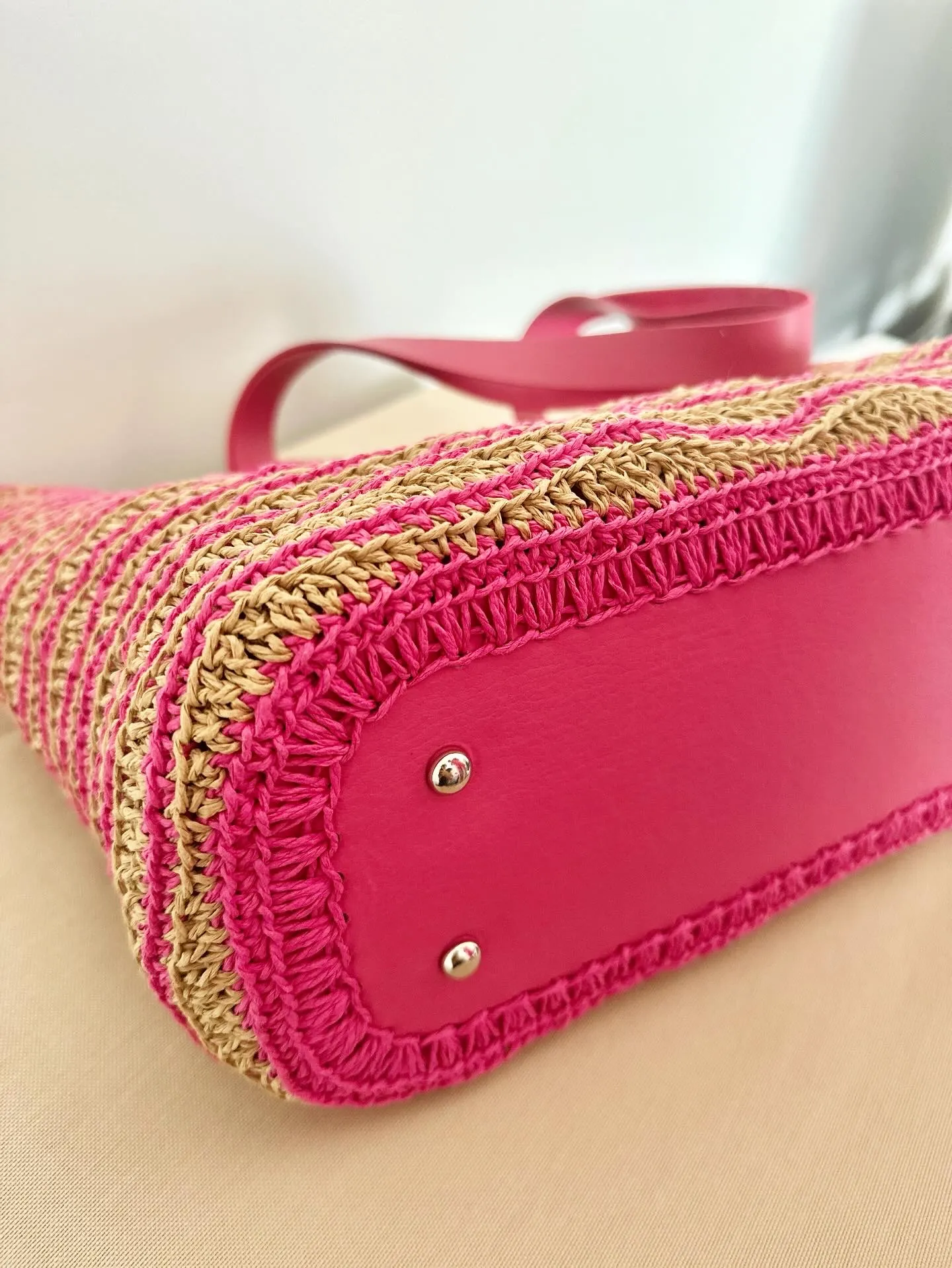 Fuşya ve Hasır Renkli Kağıt İp Örgü Omuz Çantası - El Emeği