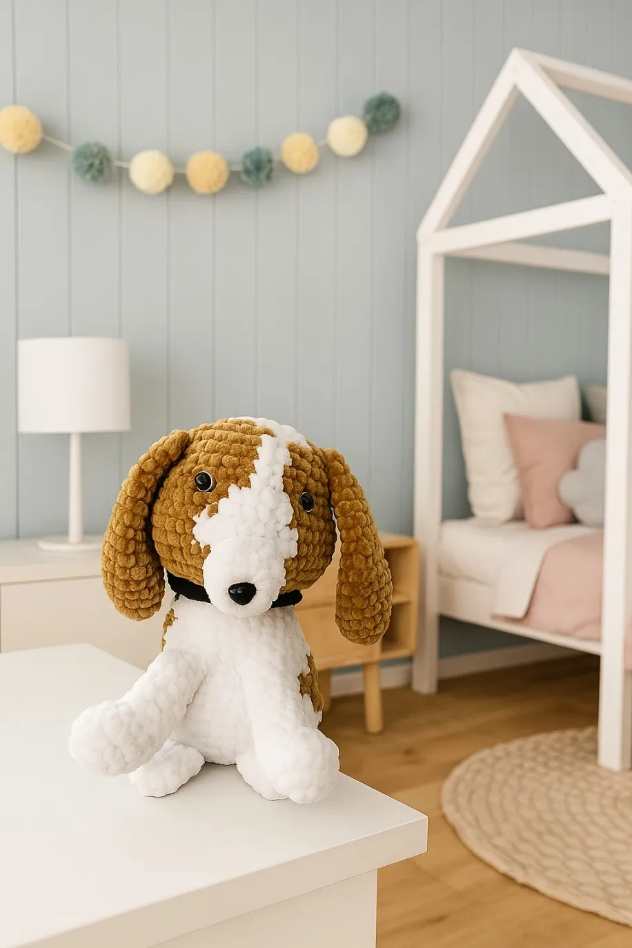 El Yapımı Amigurumi Köpek – 25 cm – Kahverengi & Beyaz Kadife İp Oyuncak