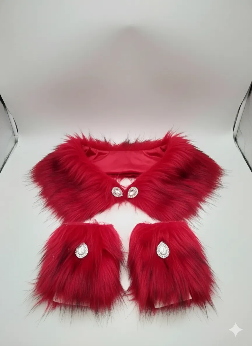Kırmızı Suni Kürk Şal ve Bileklik Seti – Şık ve Gösterişli Tasarım