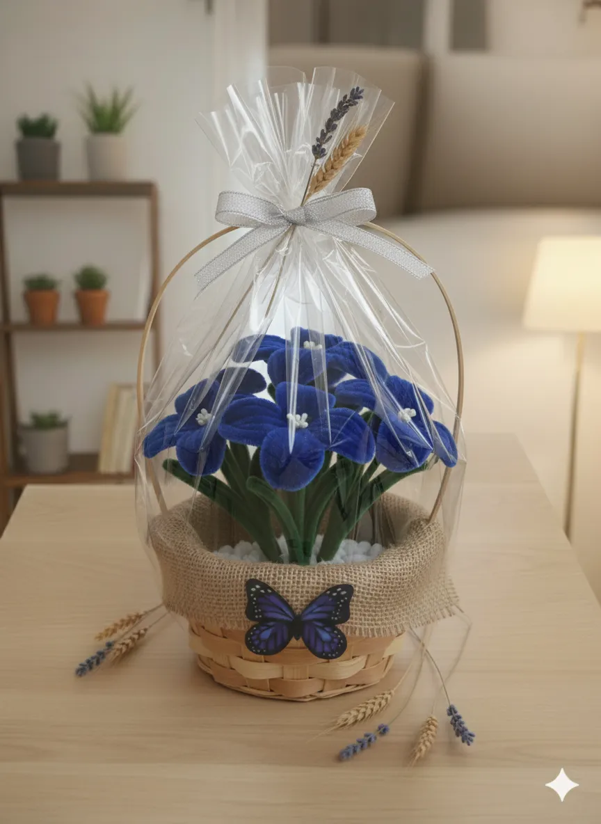 Öğretmenler Günü Hediyesi Kadife Dokulu Mavi Çiçek Sepeti | Uzun Ömürlü Yapay Çiçek Aranjman