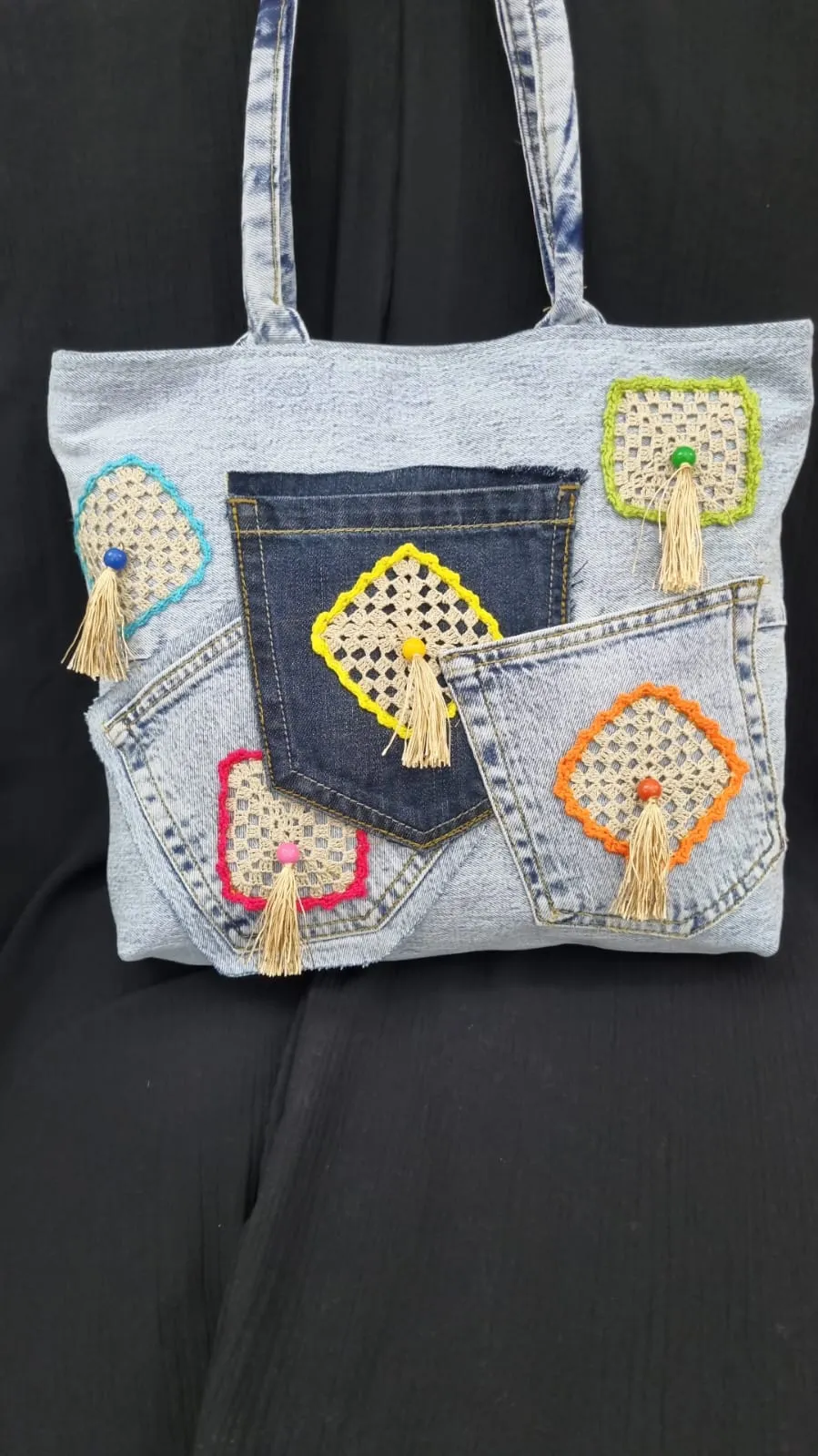 Denim Fabric Patchwork Design Tassel Detailed Bag - Hand Knitted Motif