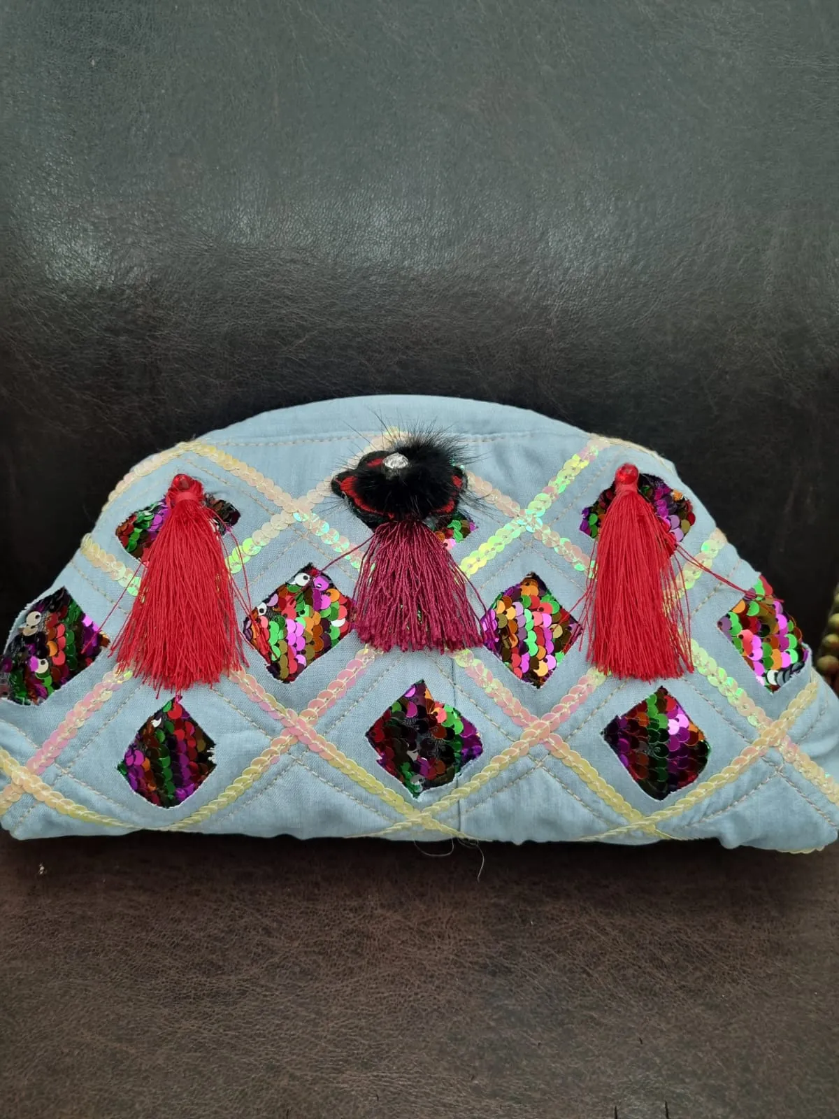 Kot Kumaş Çok Renkli Payetli Püsküllü Portföy Çanta - El Yapımı