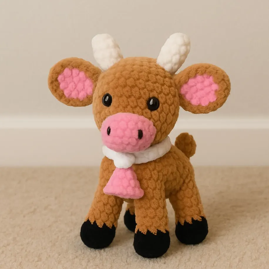 El Yapımı Amigurumi İnek Peluş – Yumuşacık Kadife İplikten Örgü Oyuncak