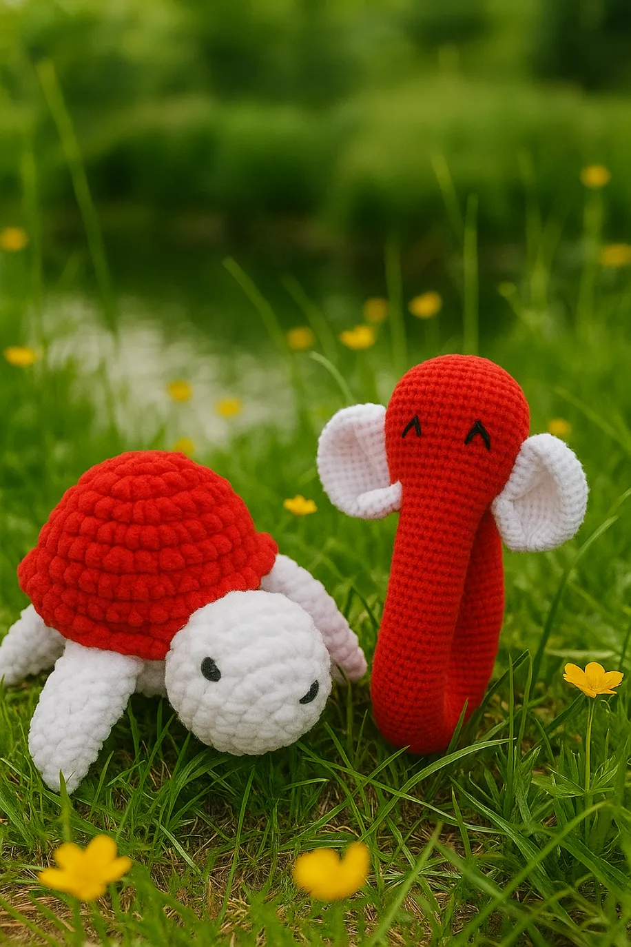 El Örgüsü Çıngıraklı Fil ve Kaplumbağa Seti – Yumuşak, 15 cm – Bebek Hediyesi (Kırmızı)