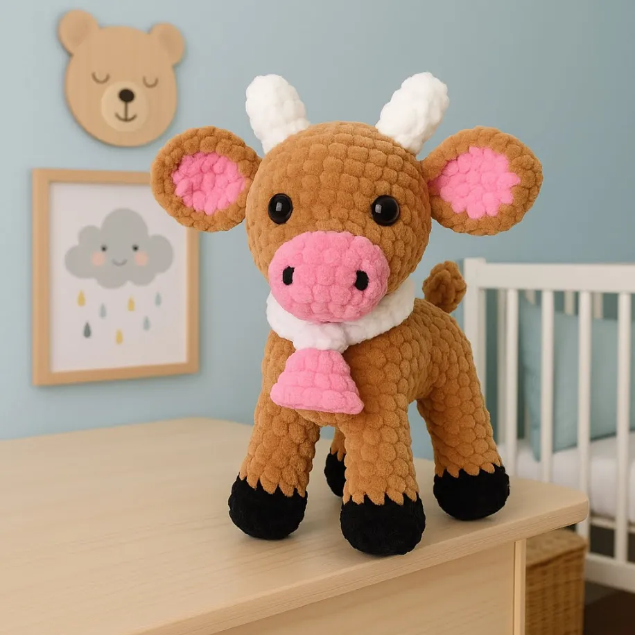 El Yapımı Amigurumi İnek Peluş – Yumuşacık Kadife İplikten Örgü Oyuncak