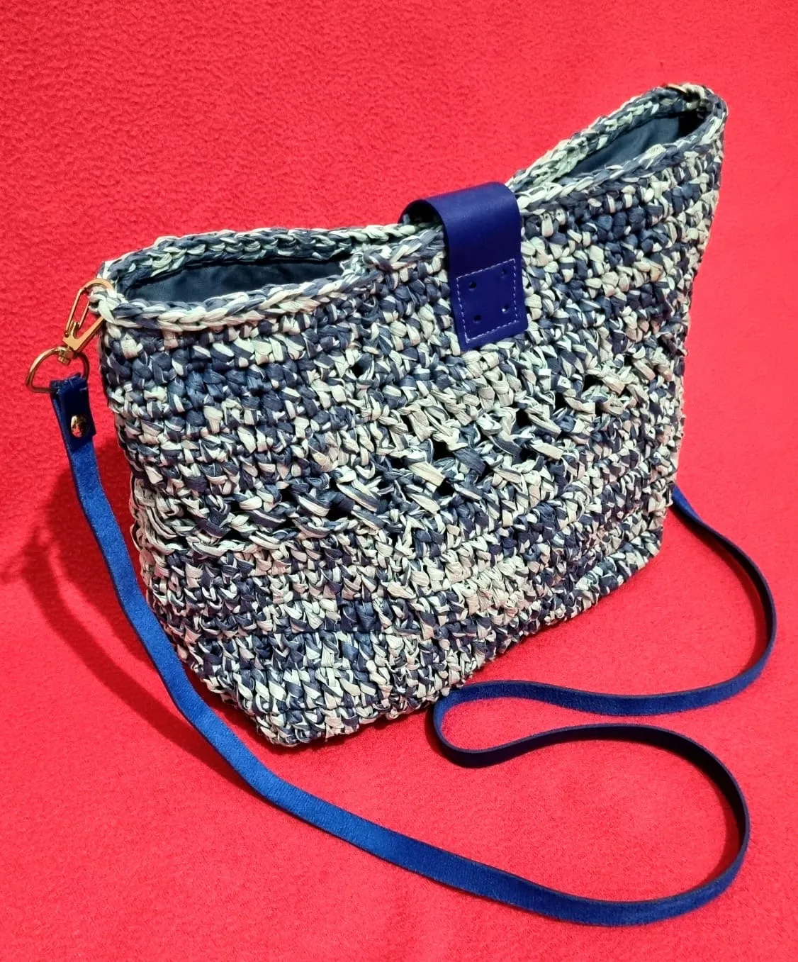 Mavi Krem Rafya Tığ İşi Omuz Çantası - El Yapımı Çapraz Askılı