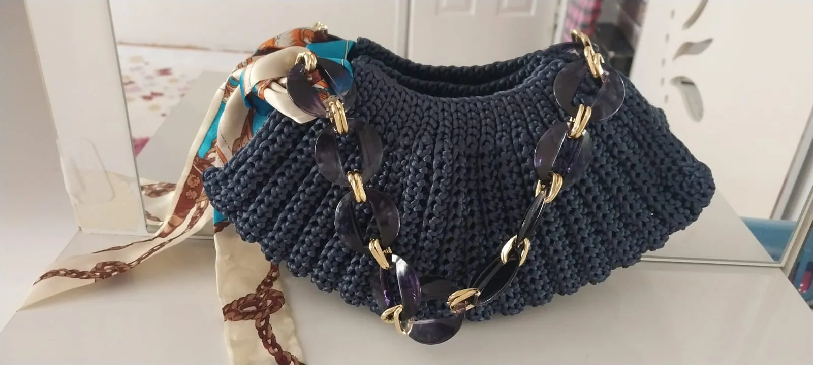 Lacivert Örgü Omuz Çantası - Zincir Detaylı El Yapımı Çanta