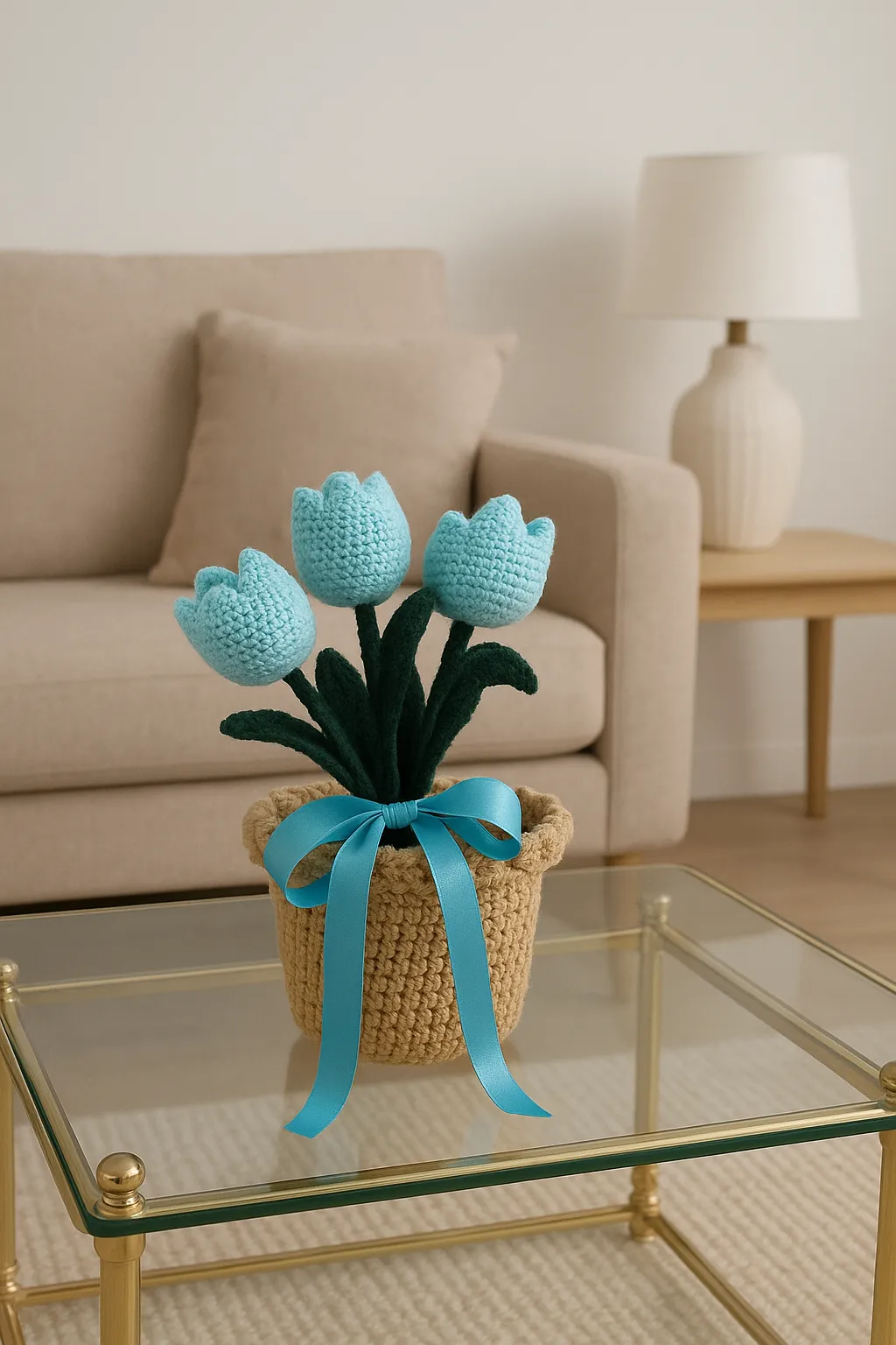 Mavi Örgü Lale Buketi Saksıda - El Yapımı Dekoratif Çiçek