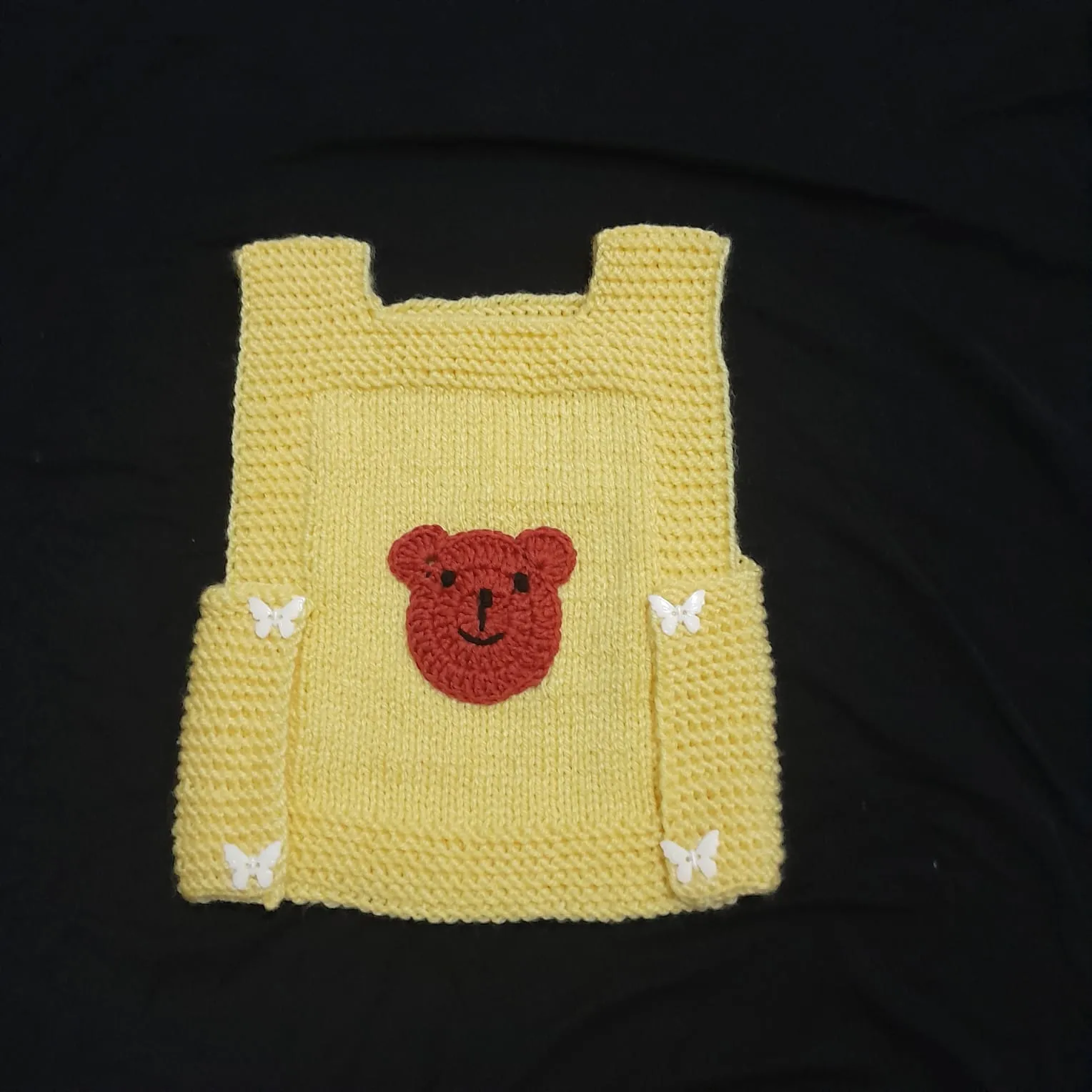 Sarı Renkli Ayı Desenli Örgü Bebek Yeleği - El Emeği
