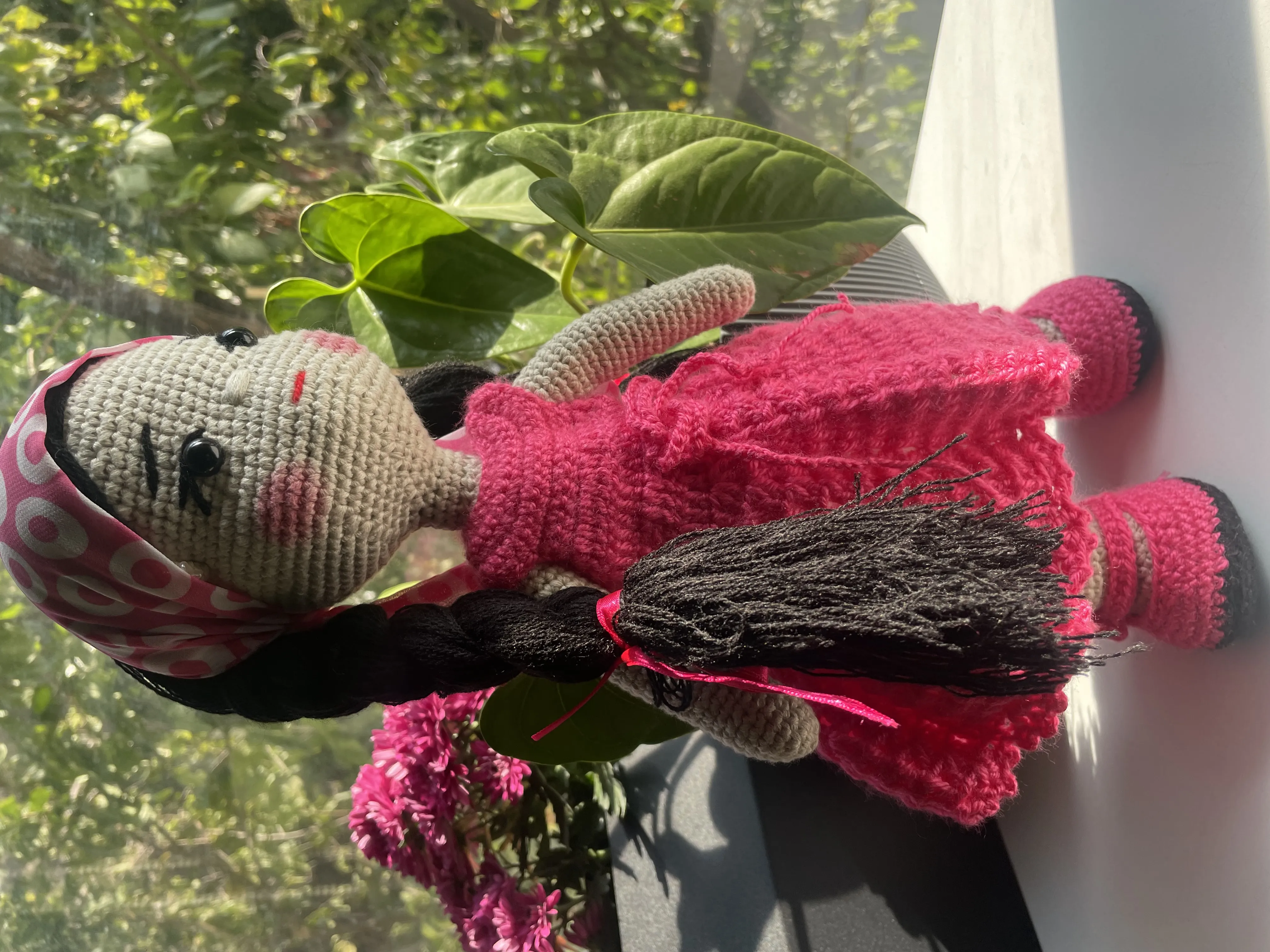 Pembe El Örgüsü Bandanalı Bebek Oyuncak - 38cm Boyunda