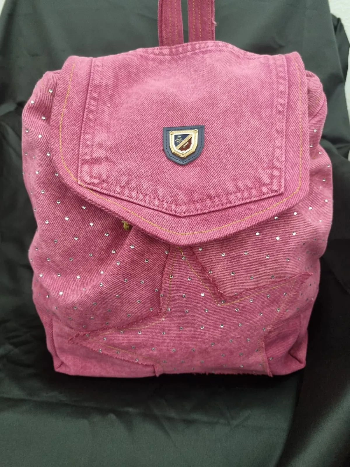 Pembe Taş Detaylı Kot Sırt Çantası - El Yapımı Şık Tasarım