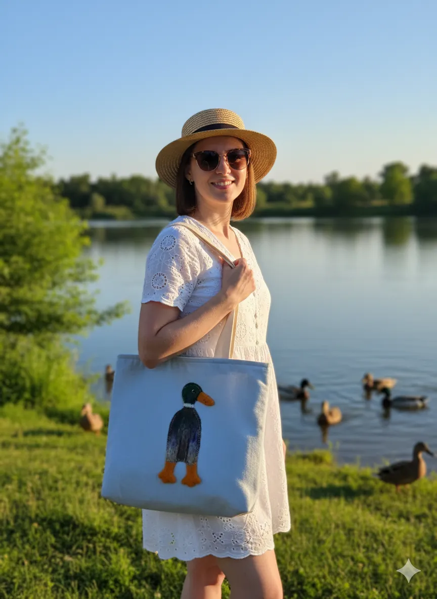 Mavi Kot Omuz Çantası - Ördek Motifli İğneleme Yün Keçe Detaylı