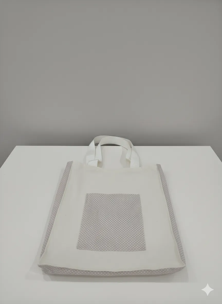 Keten Kumaş El Çantası – Gri Puantiyeli / Omuz ve El Taşımalı Bez Çanta