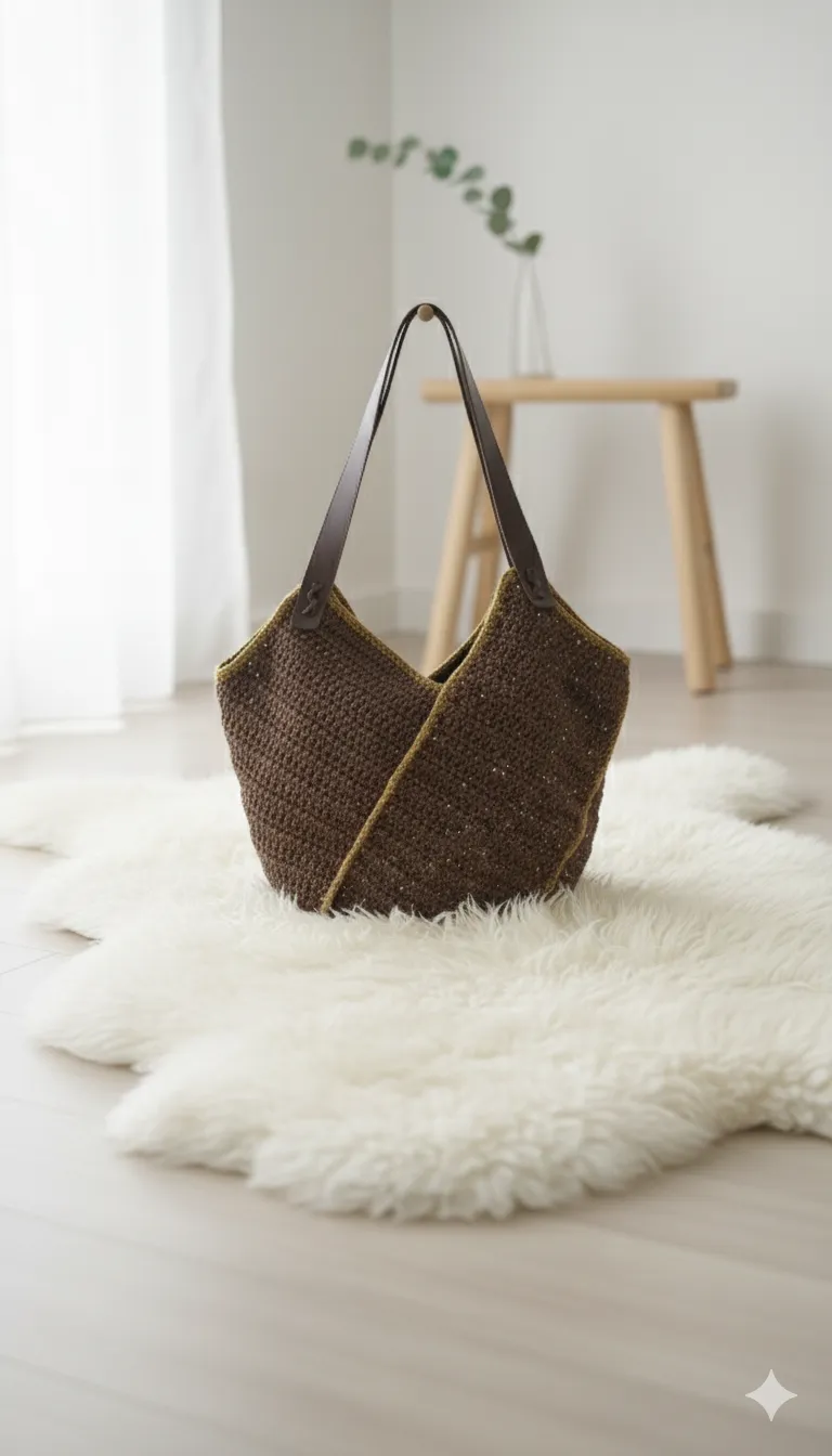 Kahverengi Makrome İp Omuz Çantası - Deri Saplı ve Pullu Detaylı