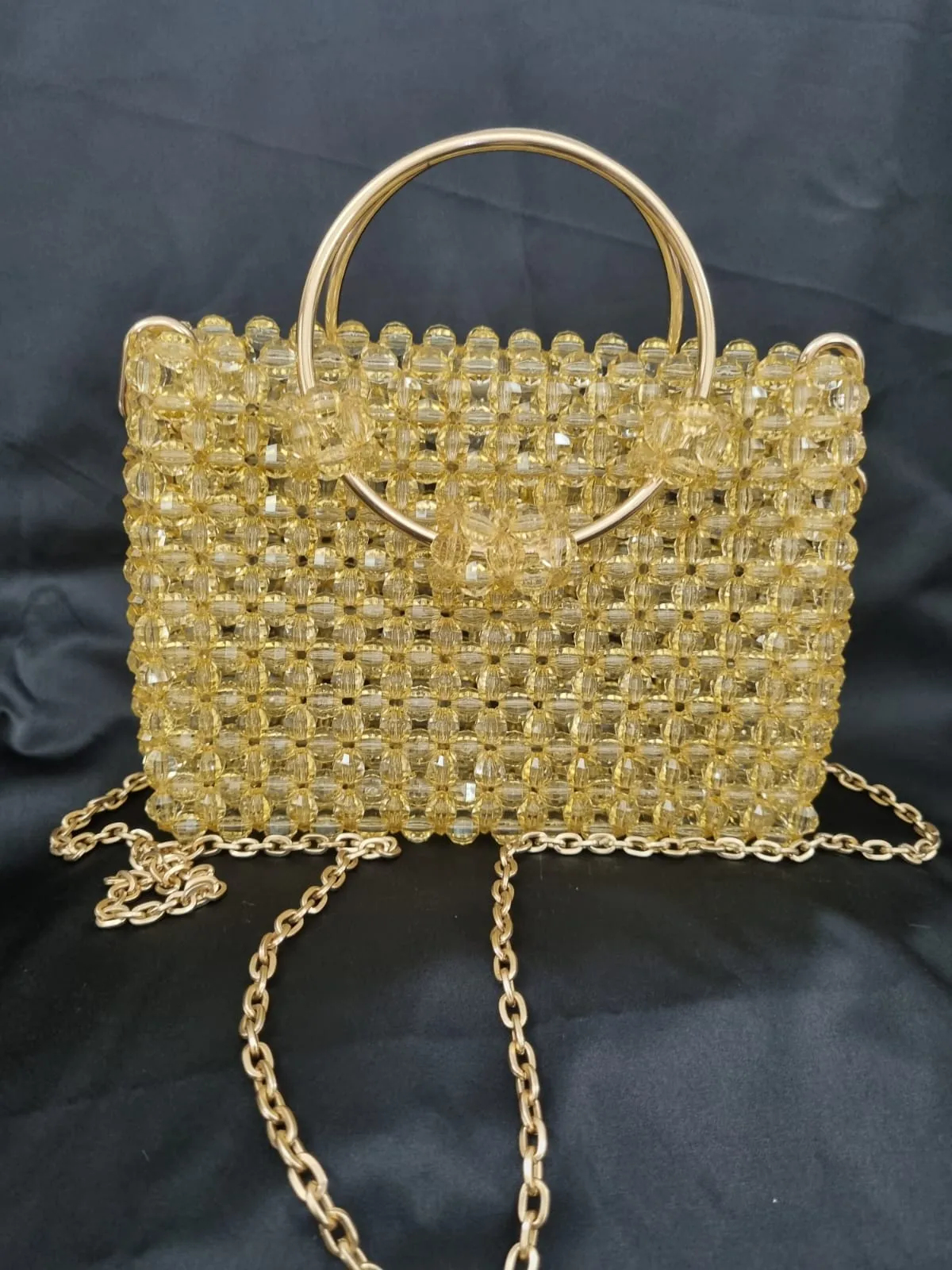 Sarı Kristal Boncuklu Zincirli Omuz Çantası - El Yapımı