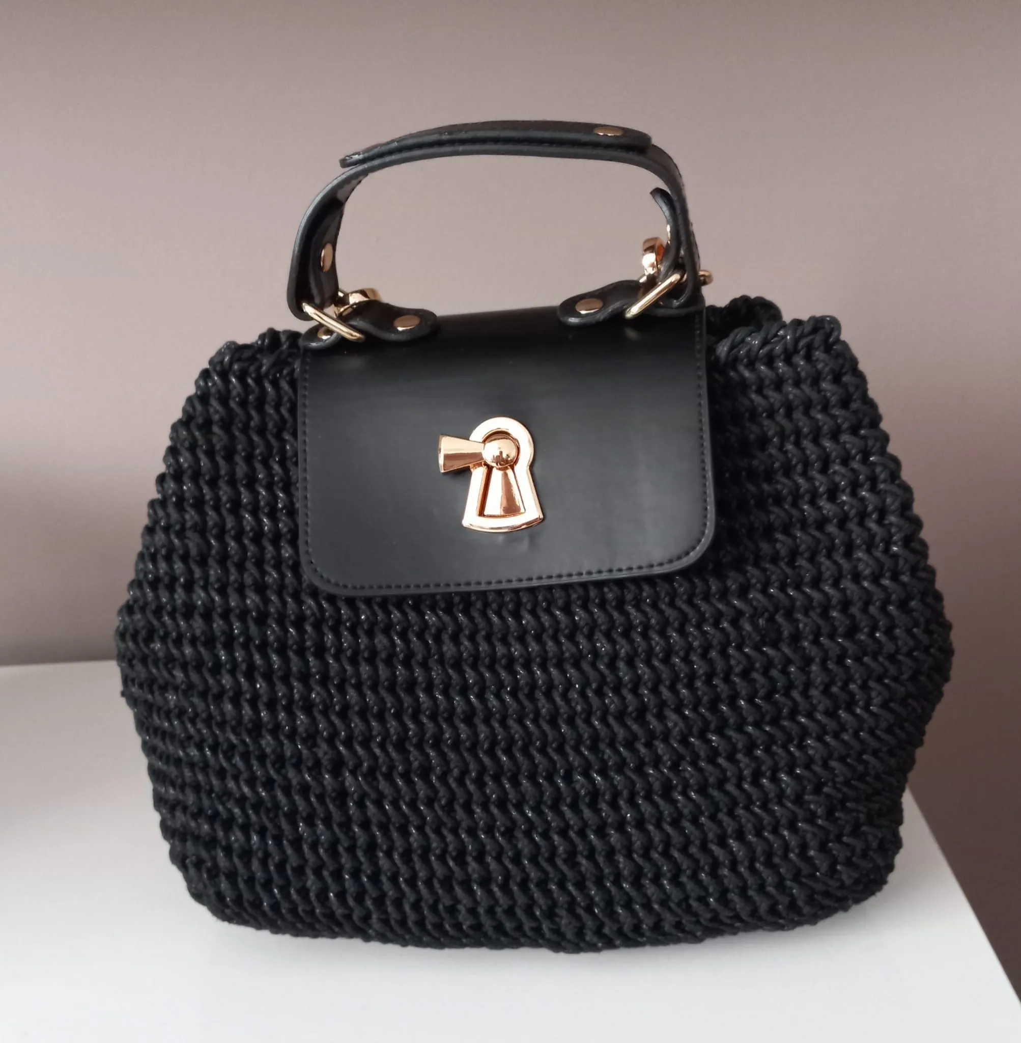 Siyah Mumlu İp Örgü Omuz ve El Çantası - Marka Model