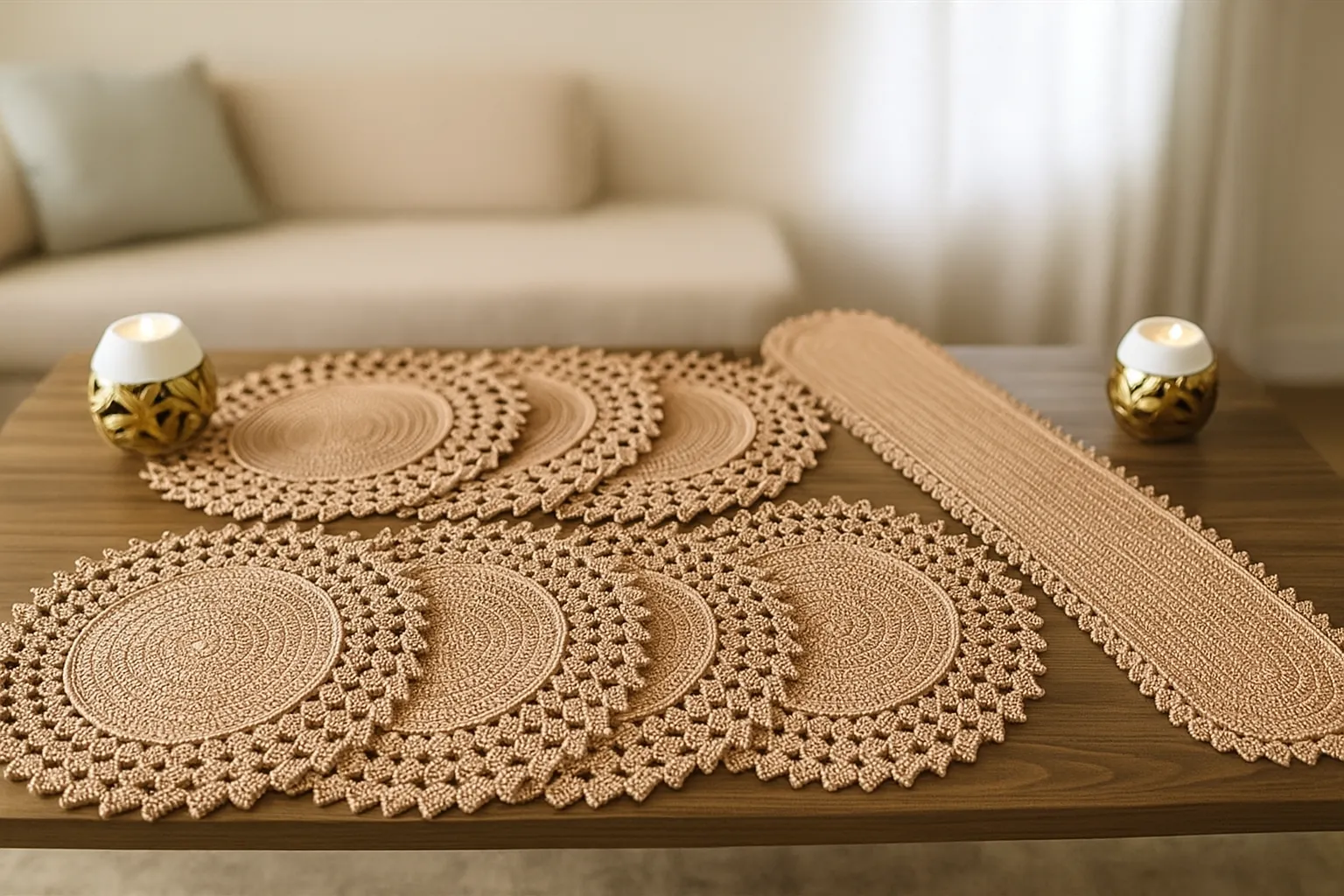 Kahverengi Örgü Supla Takımı - 6 Adet Supla ve 1 Runner