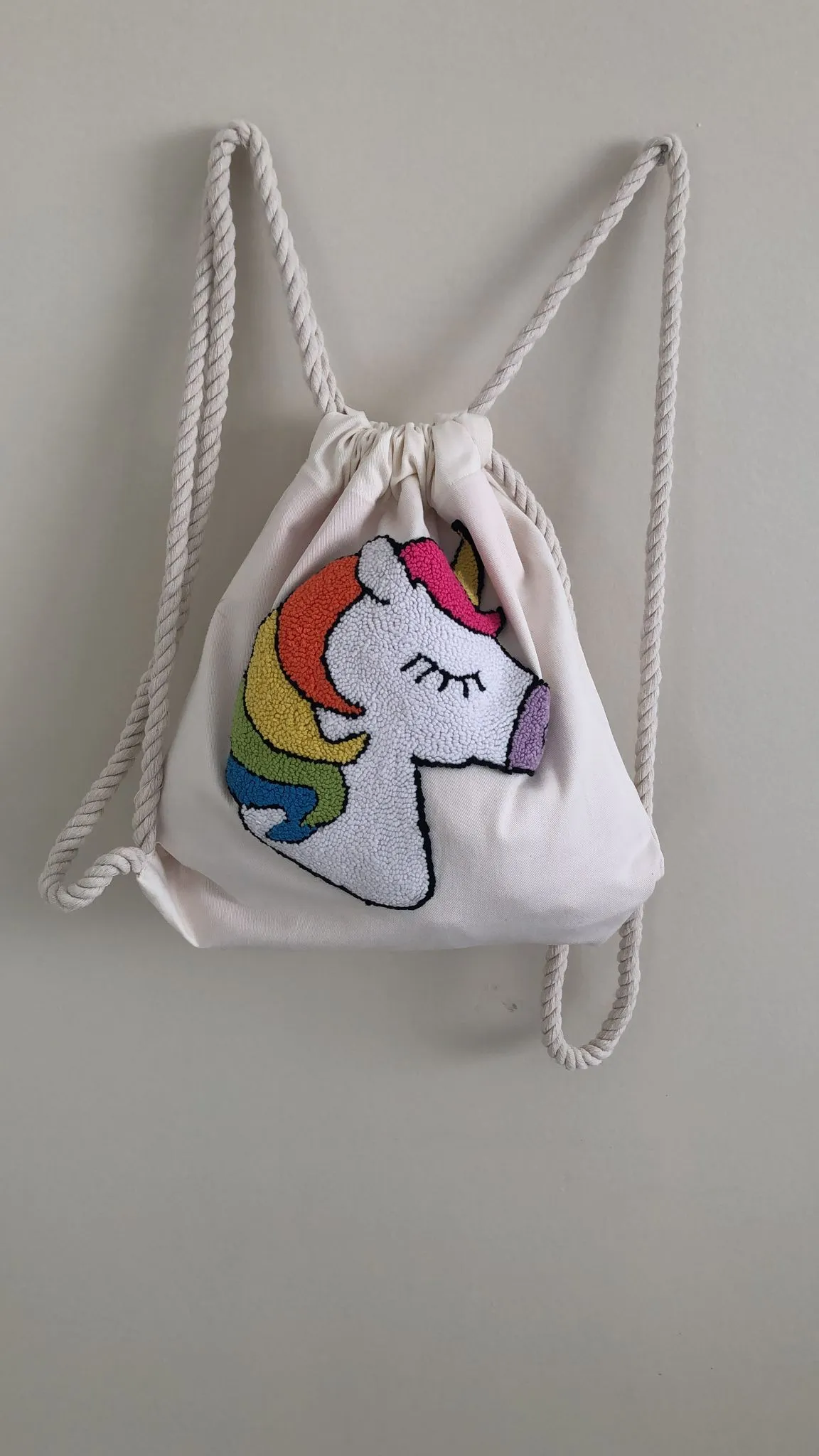 Unicorn Desenli Çocuk Sırt Çantası - Pamuklu Kumaş, İpli Model