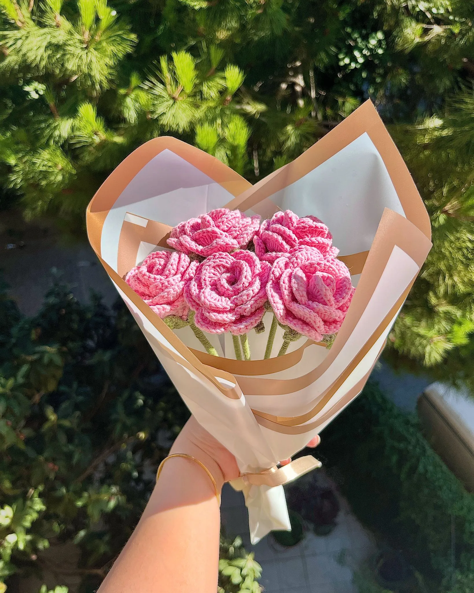 Pembe Örgü Gül Buketi - Solmayan, Dekoratif, El Yapımı