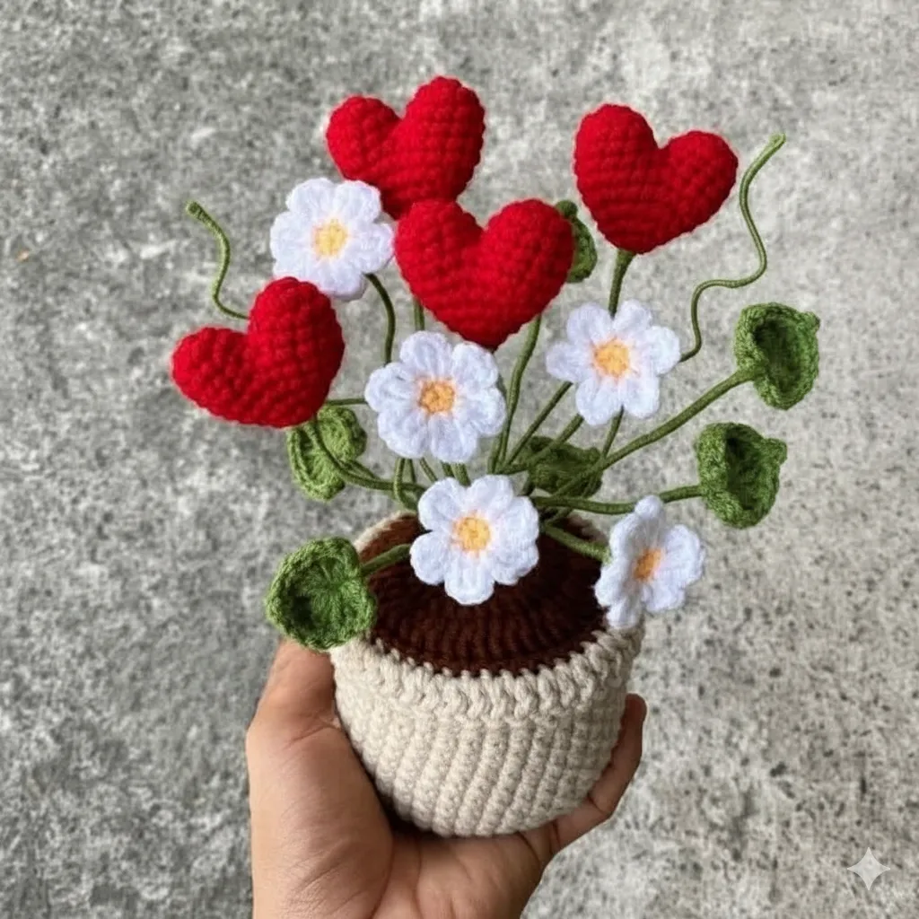 Örgü Kalpli Çiçek Saksı - El Yapımı Dekoratif Hediyelik