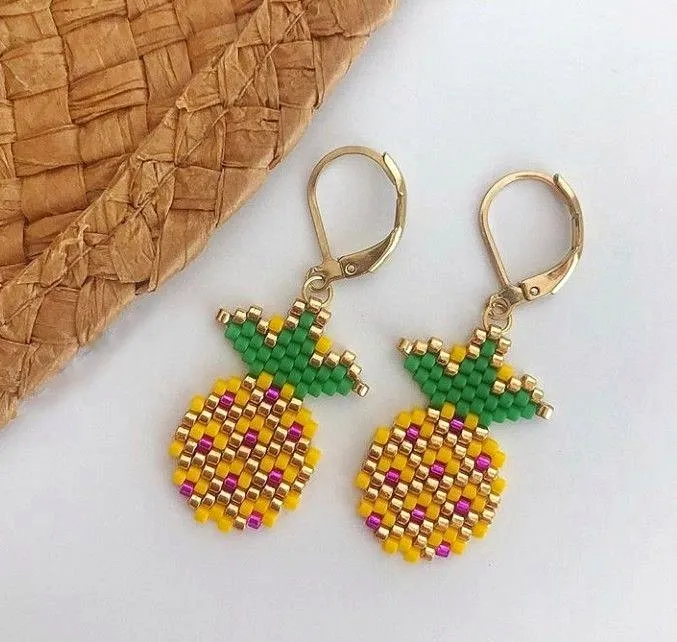 Altın Renkli Ananas Tasarımlı Miyuki Boncuk Küpe - El Emeği