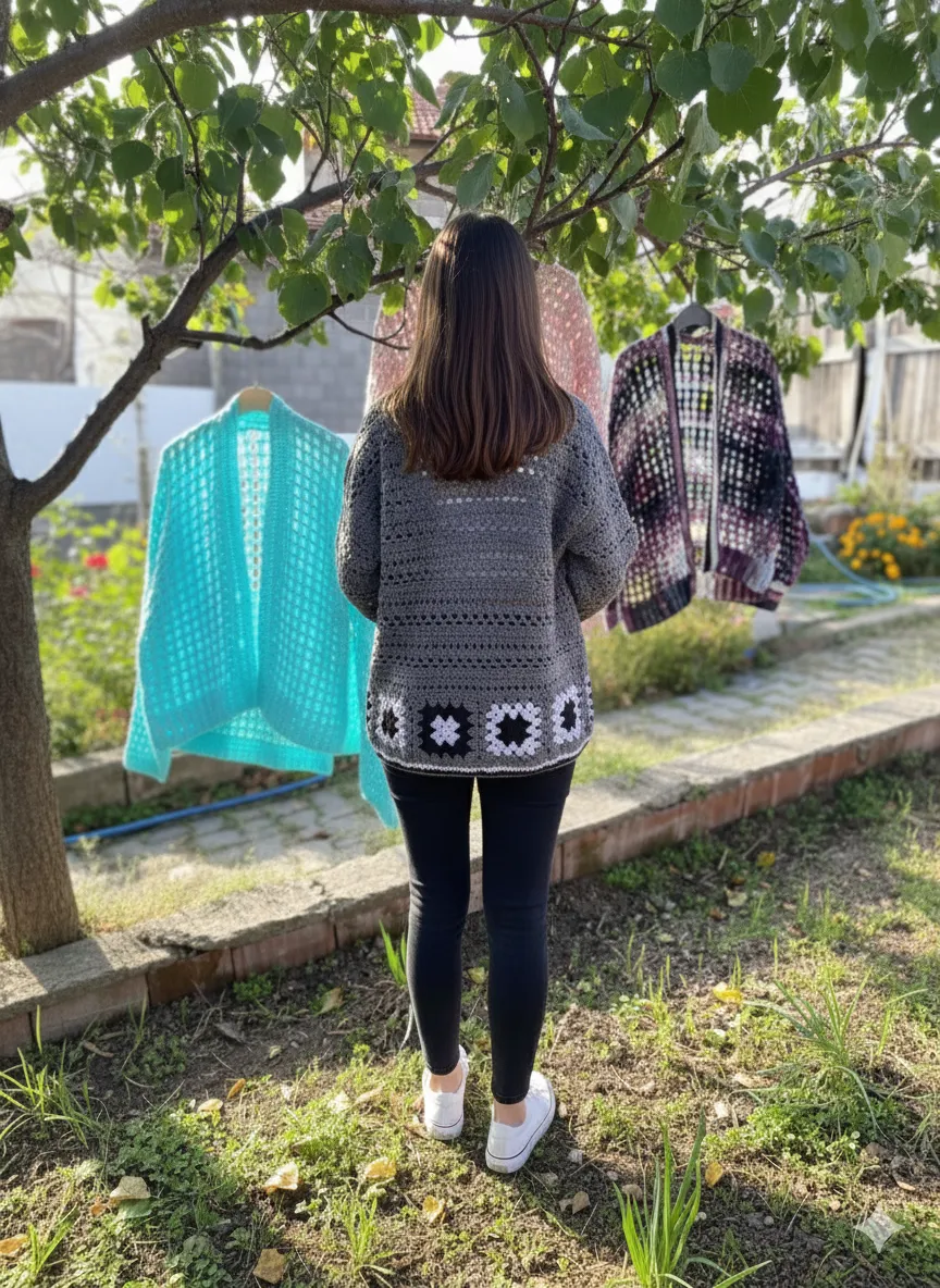 Gri Motifli Örgü Hırka - Kare Desenli, El Örgüsü, Şık Tasarım