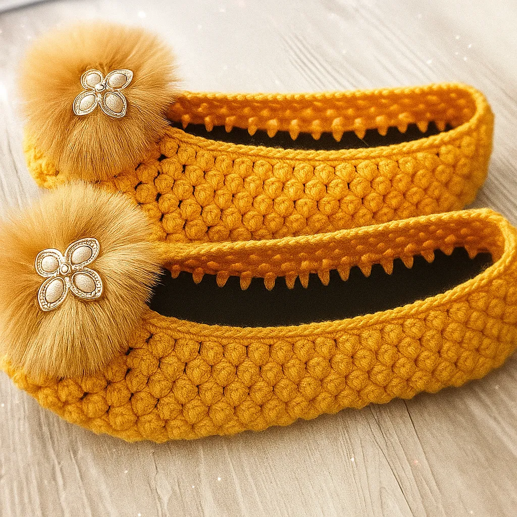 Sarı Renkli Ponpon Detaylı Örgü Babet Ev Terliği - El Emeği