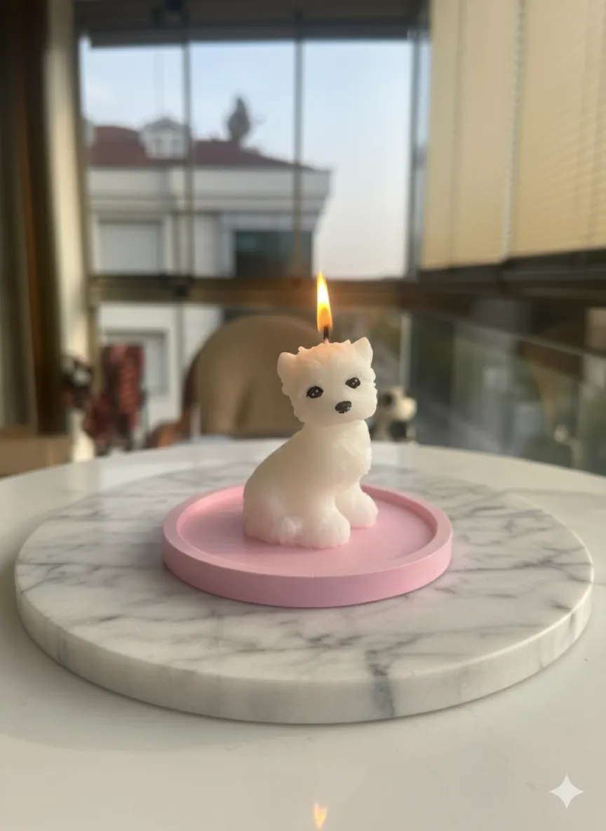Köpek Figürlü Beyaz Soya Mum - Dekoratif El Yapımı Hediye