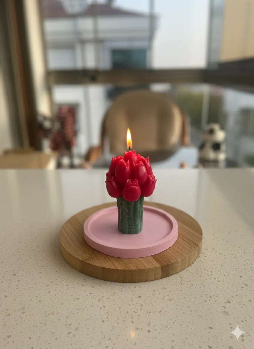 Kırmızı Lale Buketi Mum - Dekoratif Soya Mum El Yapımı