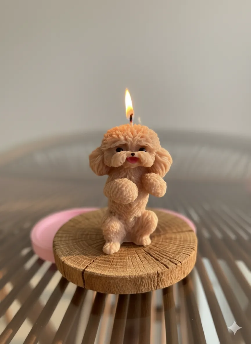 Açık Kahve Toy Poodle Figürlü Dekoratif Soya Mum - El Yapımı