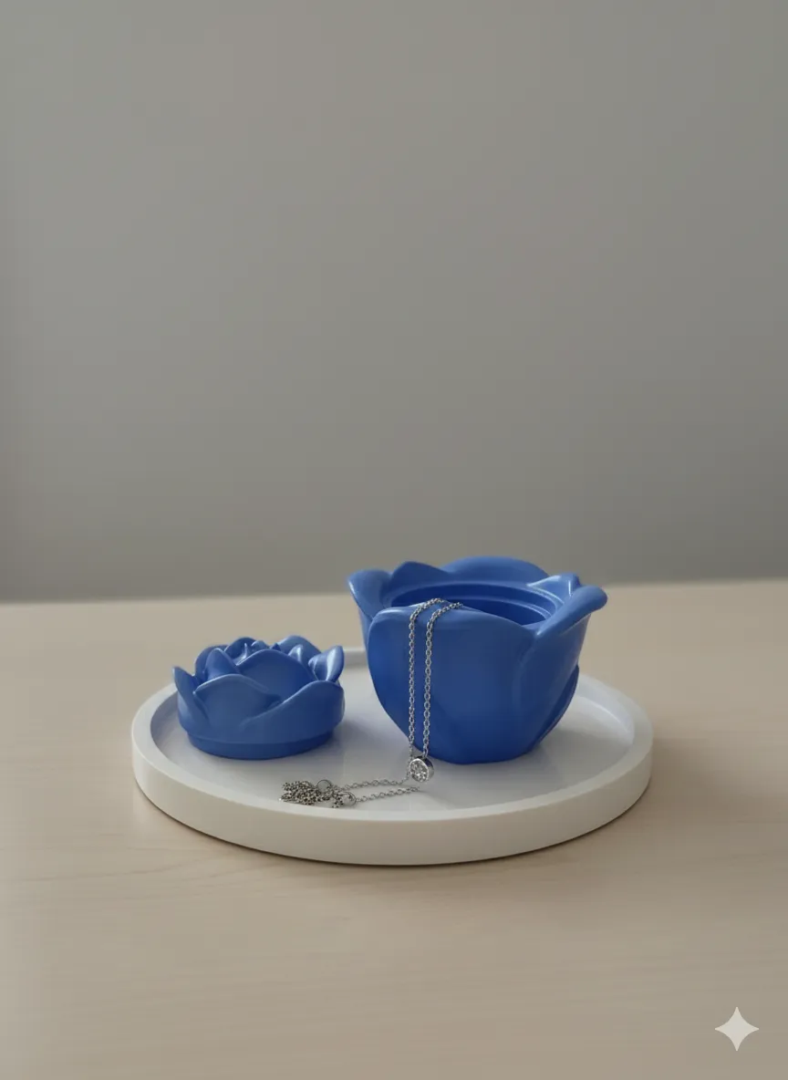 Sedef Mavi Gül Şeklinde Kapaklı Takı Kutusu - El Yapımı
