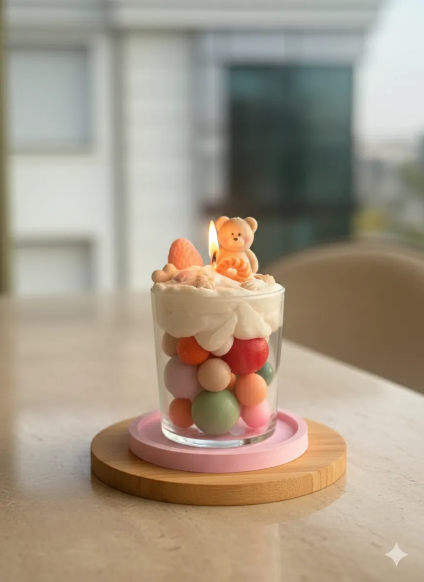 Ayıcıklı Cream Mum - Pastel Renkli Baloncuklu Dekoratif Mum