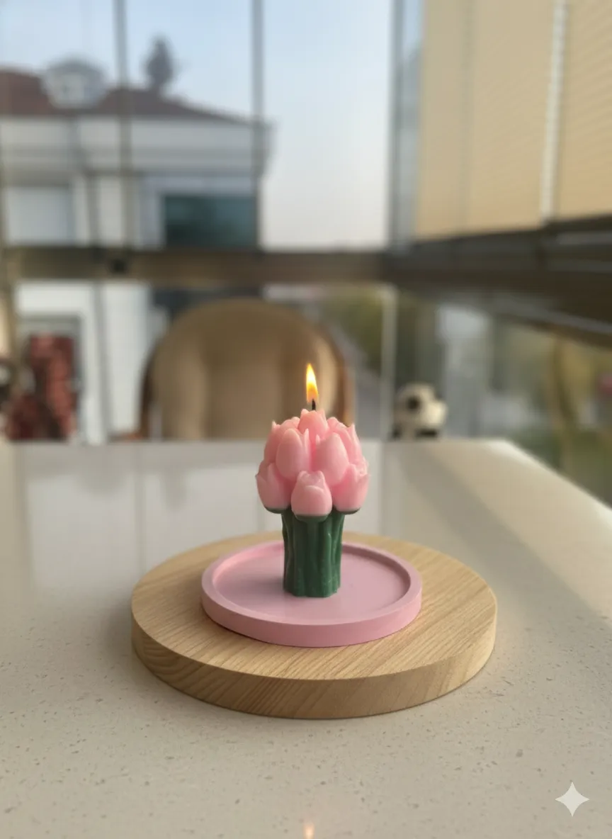 Pembe Lale Buketi Mum - Doğal Soya Mumundan El Yapımı