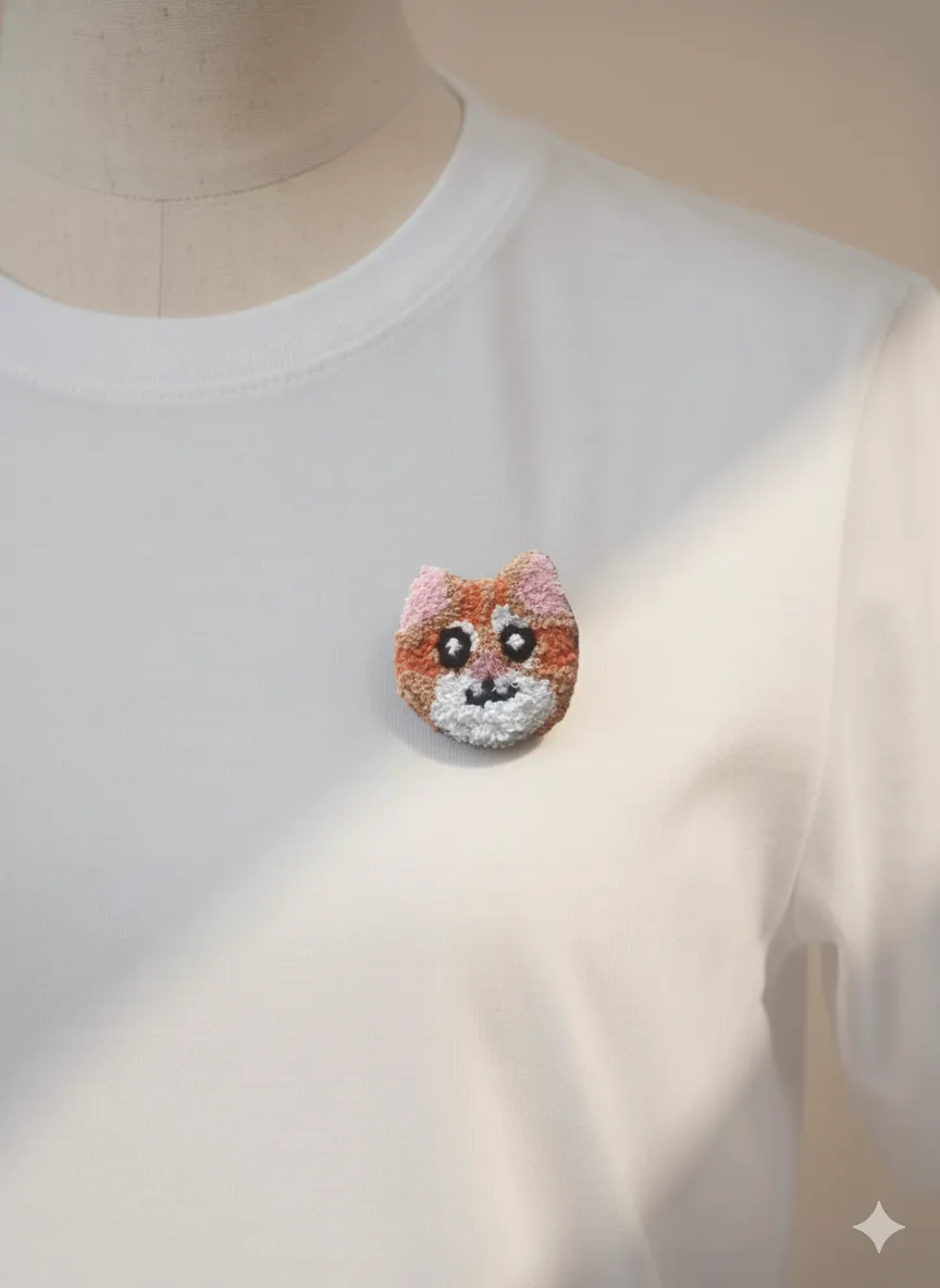 Örme Kedi Motifli Broş - Turuncu ve Pembe Tonlarında Sevimli El İşi