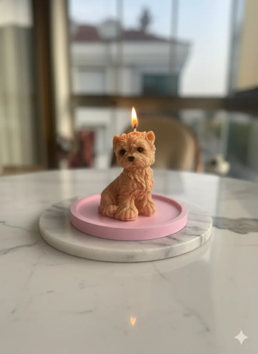 Karamel Yorkshire Terrier Köpek Figürlü Dekoratif Mum - El Yapımı