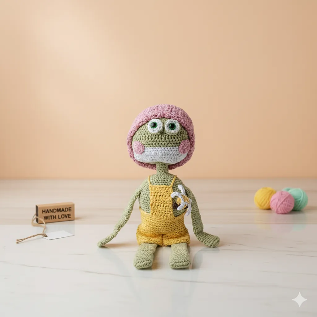 Örme Oyuncak Kurbağa Amigurumi - Sarı Tulumlu Sevimli Kurbagacık