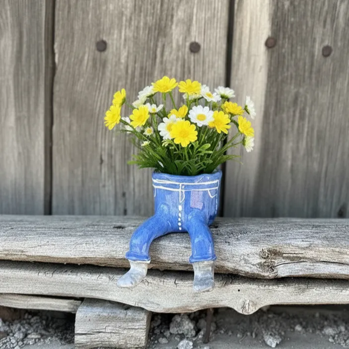 El Yapımı Dekoratif Saksı – Jean Pantolon Tasarımlı Seramik Çiçeklik