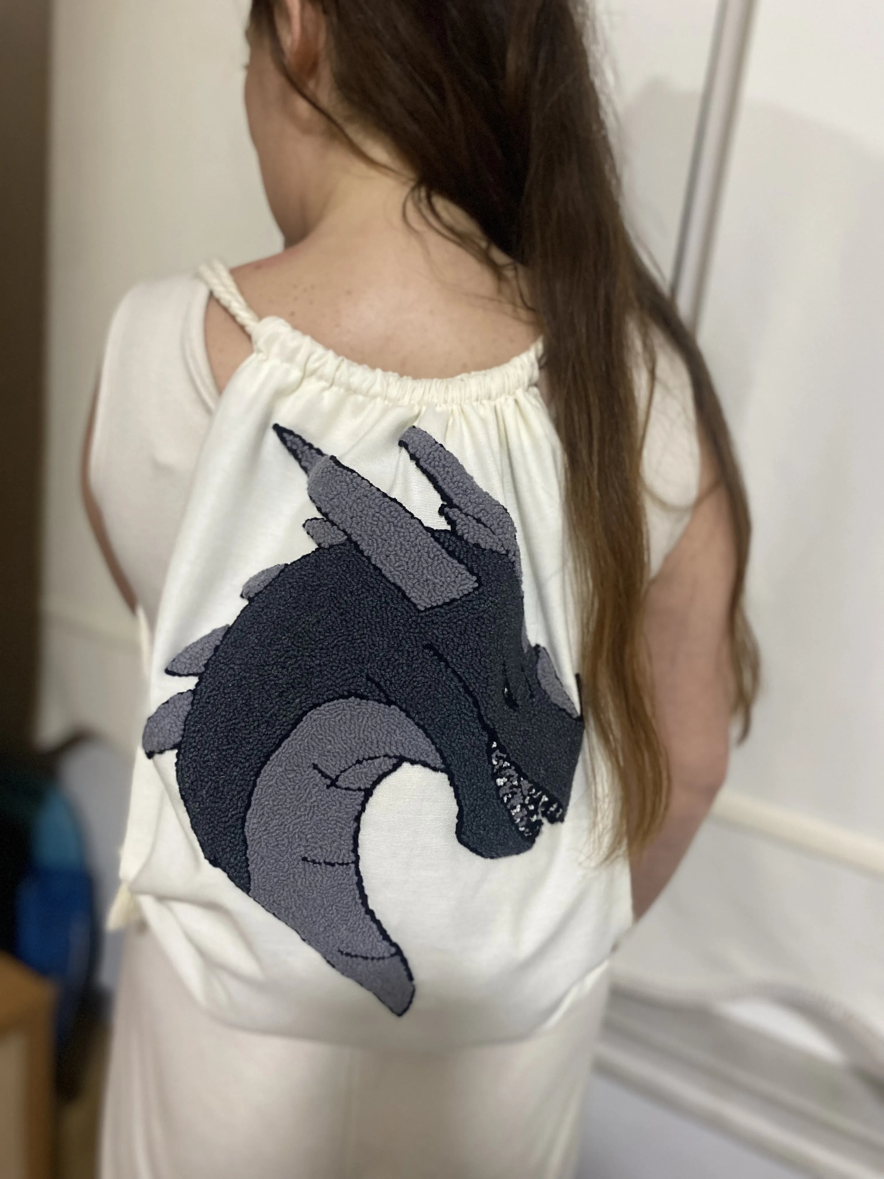 Duck Keten Kumaş Ejderha Punch İşlemeli Çocuk Sırt Çantası