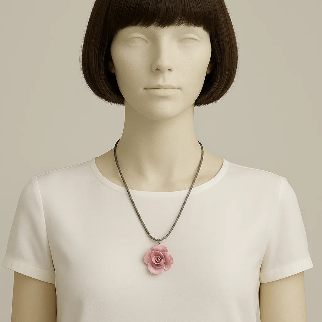 El Yapımı Soğuk Seramik Pembe Gül Kolye – El Örgü İpli Tasarım