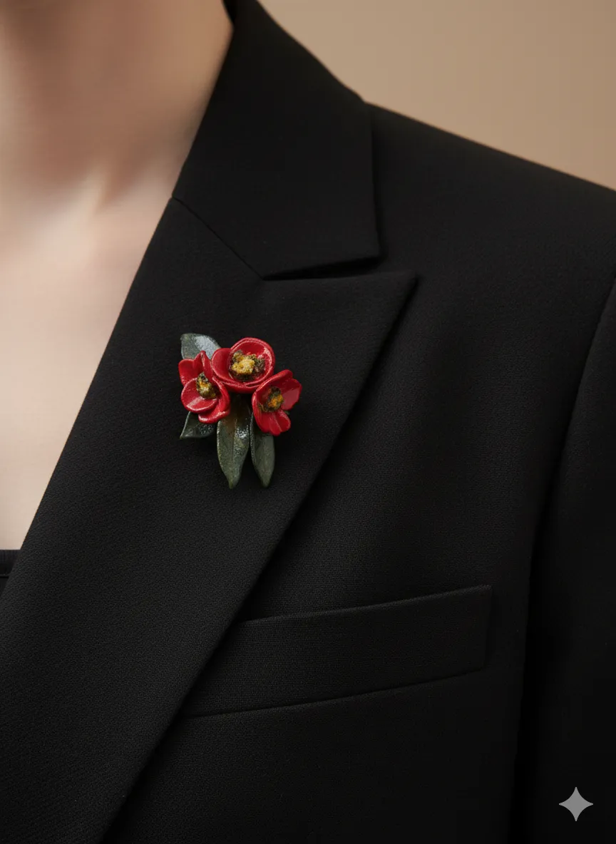 El Yapımı Soğuk Seramik Kırmızı Üç Çiçek Demeti Broş – Özel Tasarım