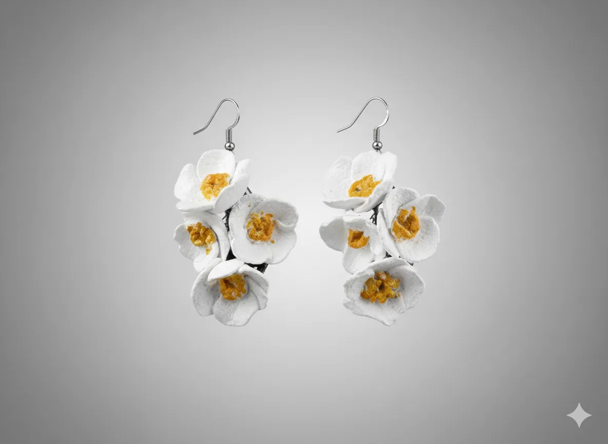 El Yapımı Soğuk Seramik Beyaz Bahar Dalı Küpe – Özel Tasarım