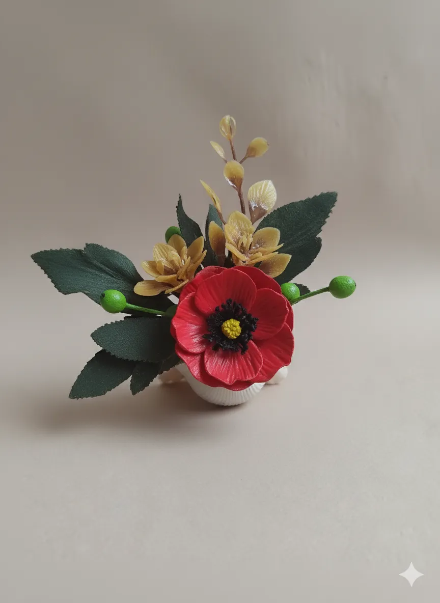 Seramik Gelincik ve Yapraklı Mini Obje