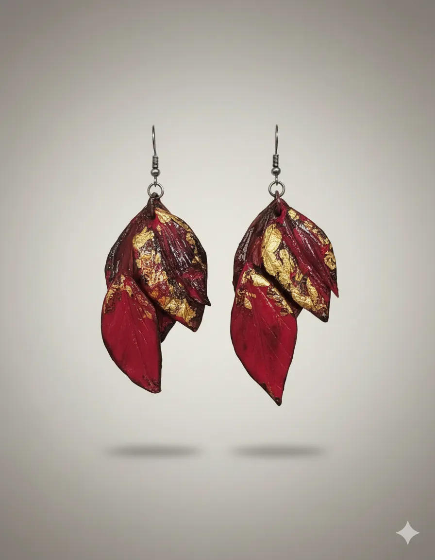 El Yapımı Soğuk Seramik Bordo–Kahve Dore Detaylı Sallantılı Küpe