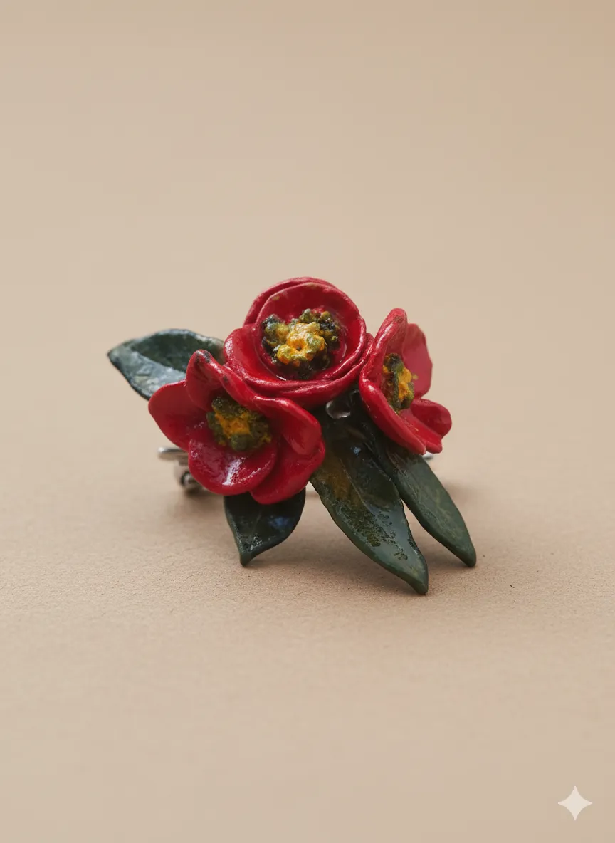 El Yapımı Soğuk Seramik Kırmızı Üç Çiçek Demeti Broş – Özel Tasarım