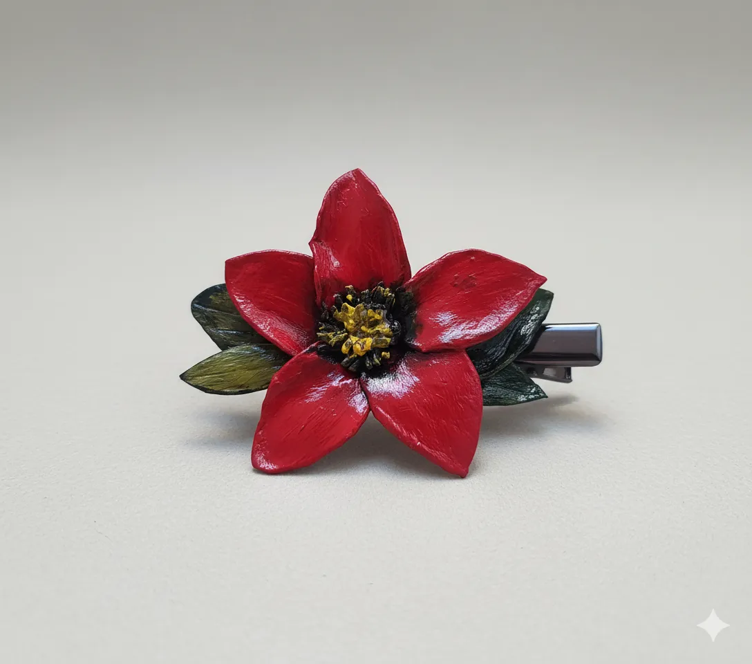 El Yapımı Soğuk Seramik Kırmızı Zambak Saç Tokası – Özel Tasarım