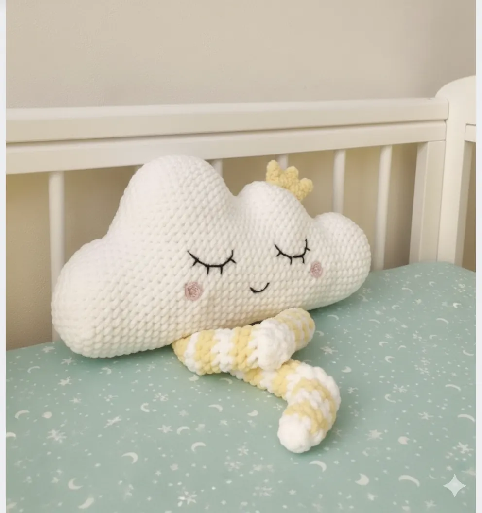 Beyaz Kadife Örme Bulut Yastık ve Sarı Şeritli Oyuncak - El Emeği