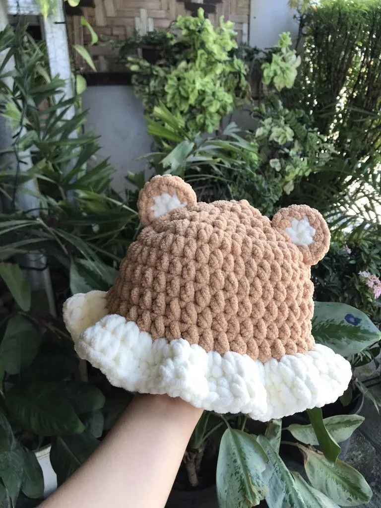 Ayıcık Tasarımlı Kadife Çocuk Şapka - El Yapımı Örgü