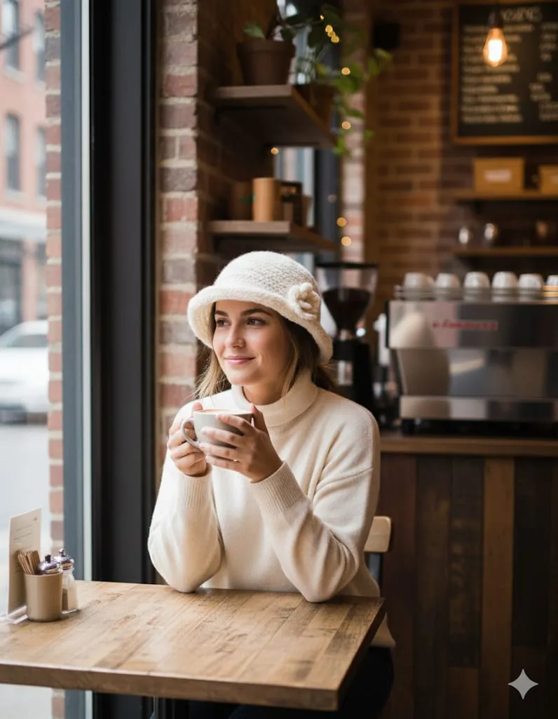 Krem Rengi Tiftik Juliet Şapka - Çıkarılabilir Gül Broş Detaylı