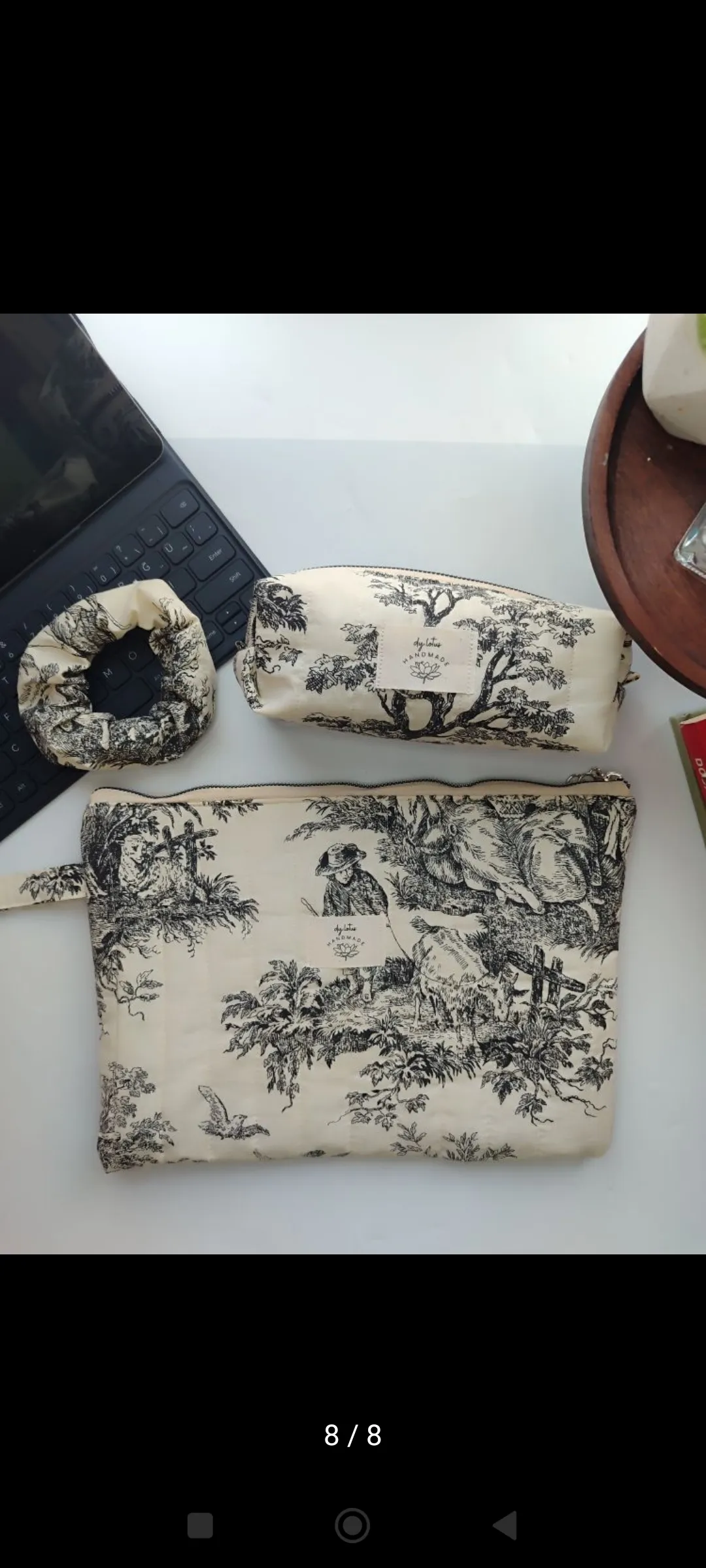 Toile de Jouy Desenli Portföy Çanta, Kalemlik ve Toka Seti