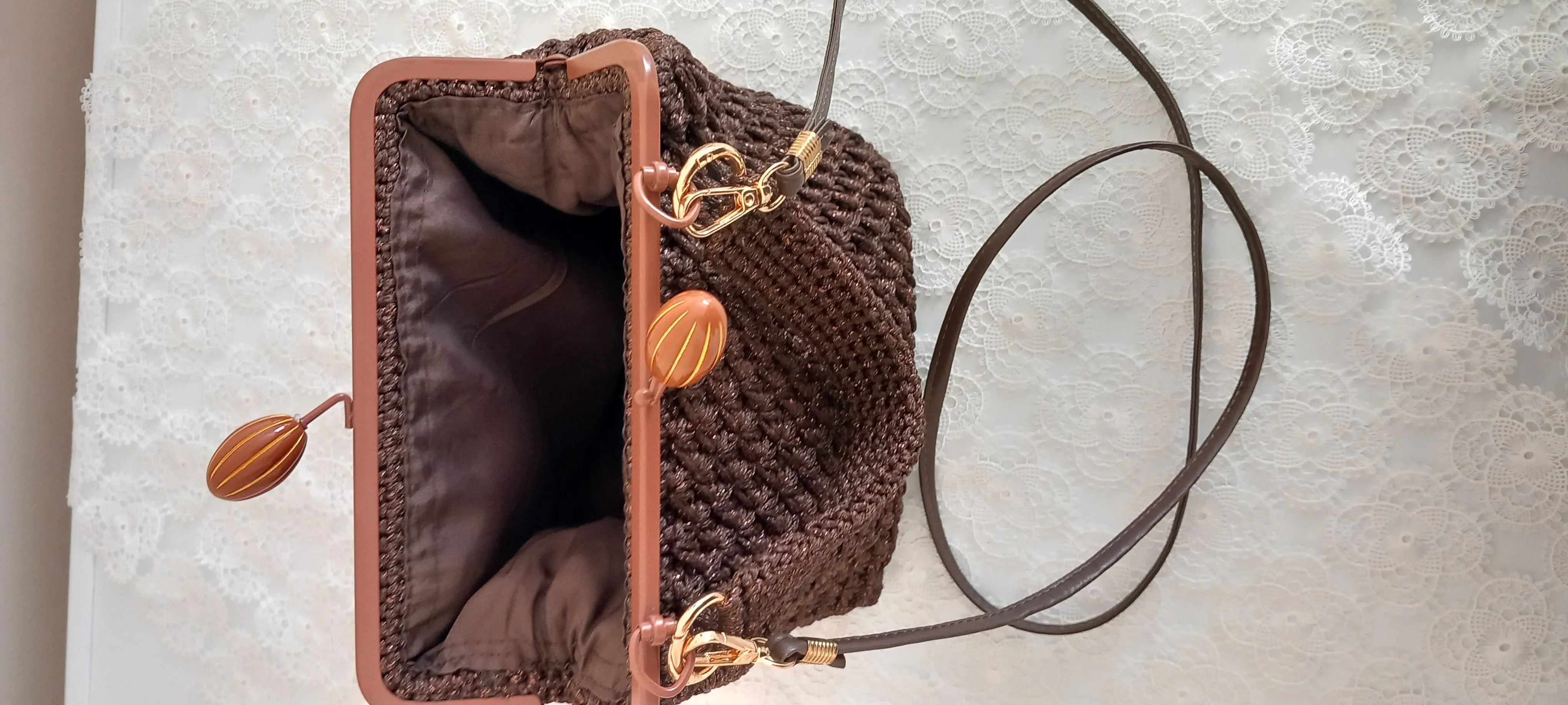 Kahverengi Makrome Örgü Omuz Çantası - 21 cm - El Emeği